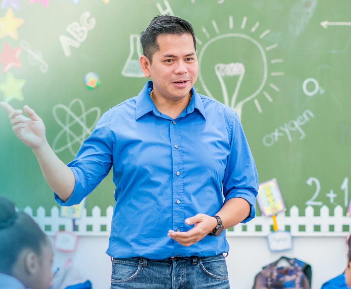 image of smiling teacher talking to students