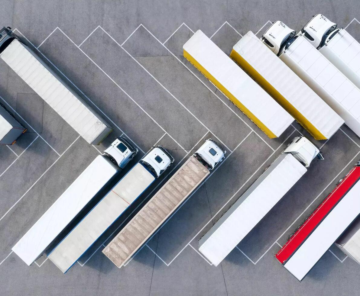 Arial view of trucks in truck stop.