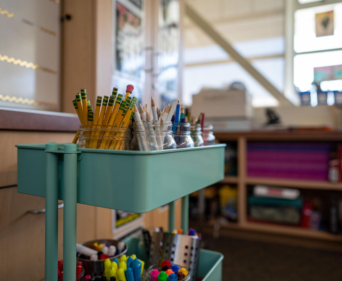image of pencils and art supplies in a classroom