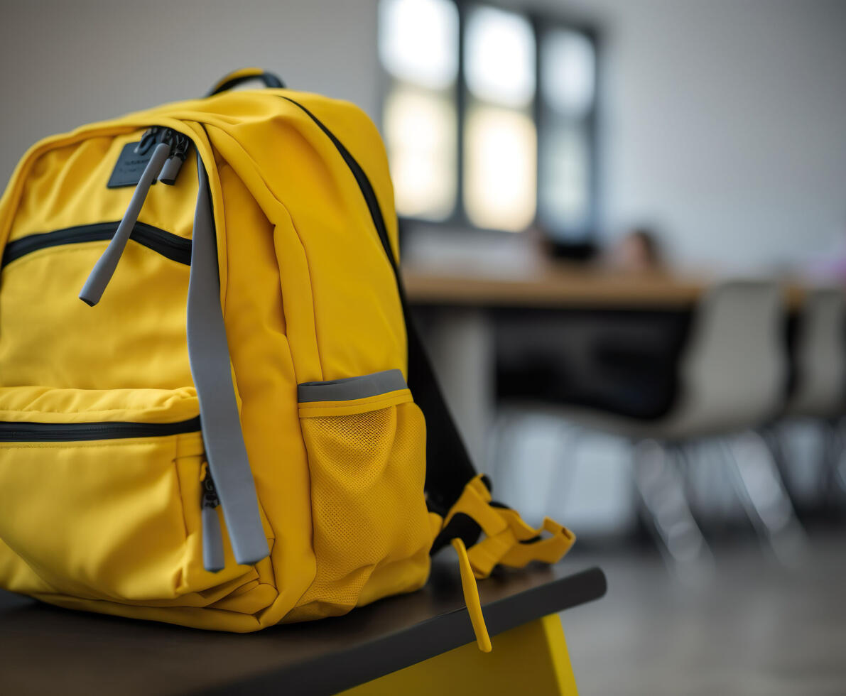 image of a yellow school bag in a classroom