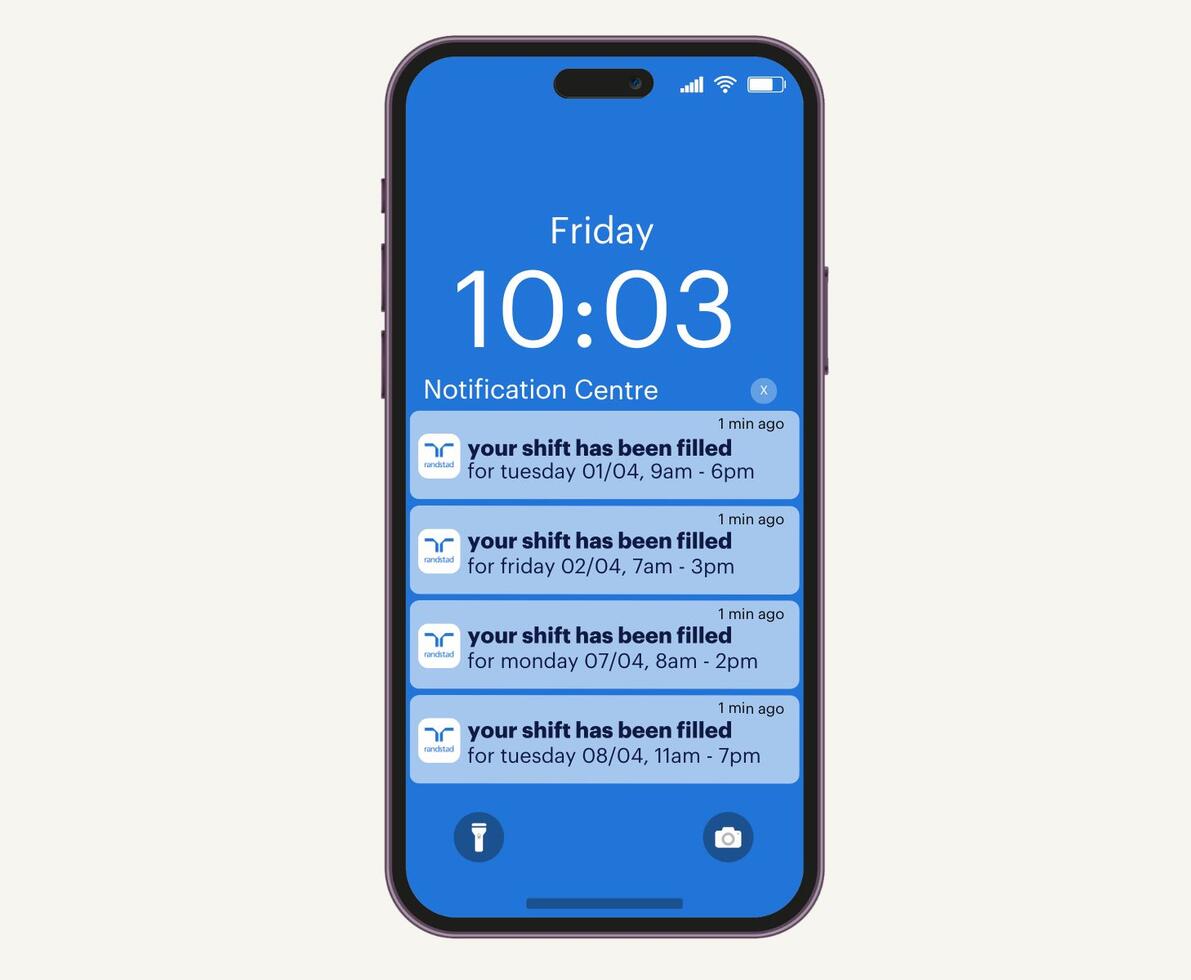 Image showing a notification centre on a mobile phone. The notifications show the information for shifts filled across 4 days