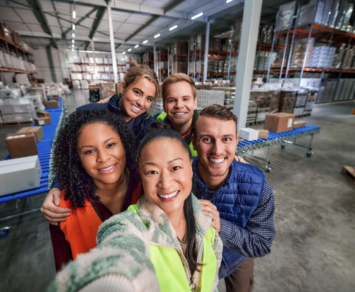 an image of coworkers smiling and posing for the camera 