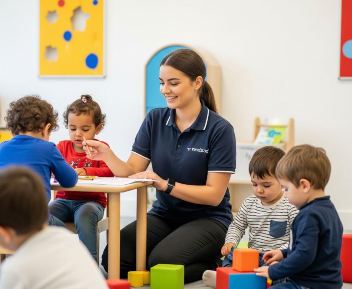 randstad education team member in an early childhood setting with children sitting at desks and on the floor around her