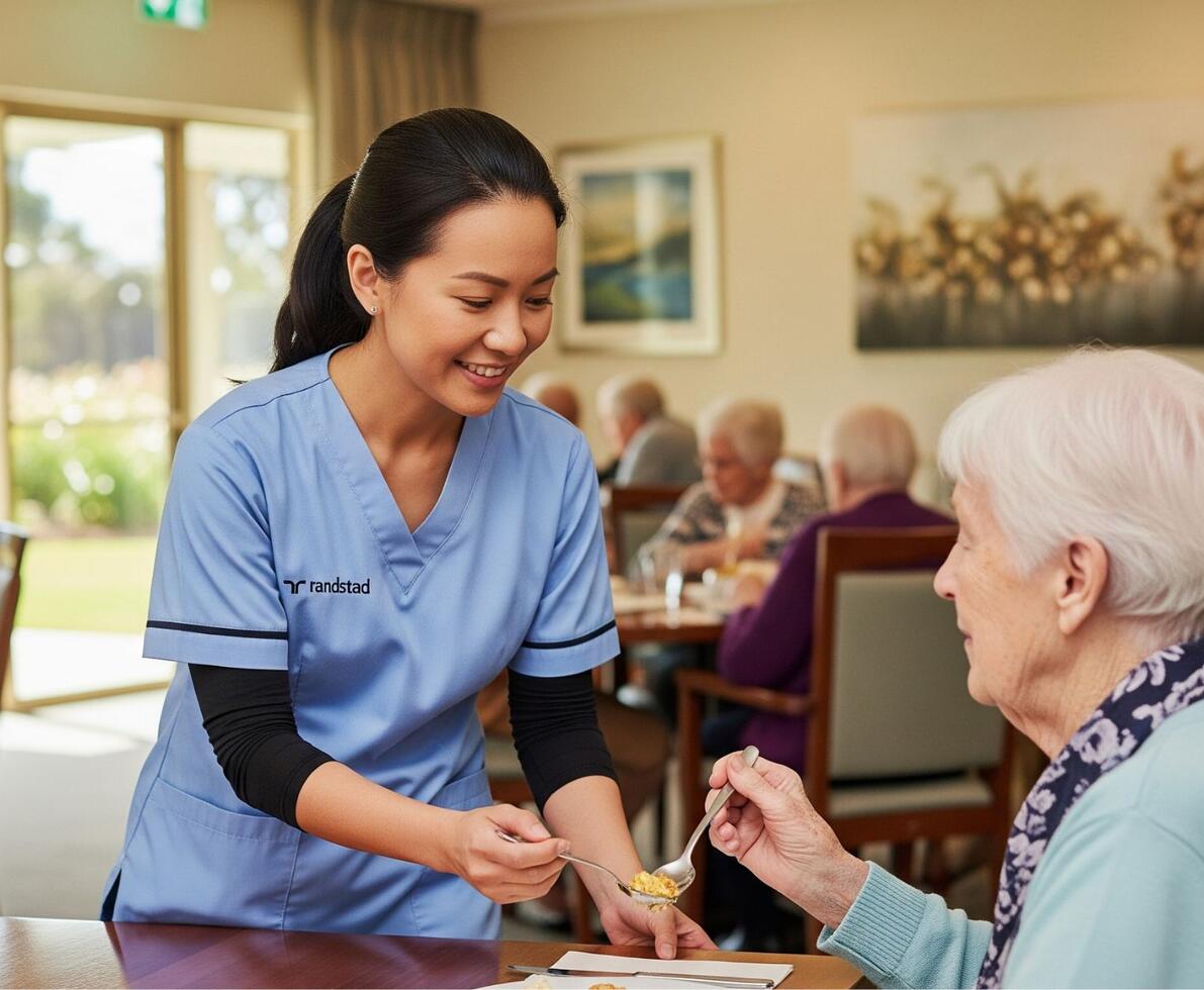a smiling aged care professional wearing scrubs in an aged care facility serving a resident her lunch
