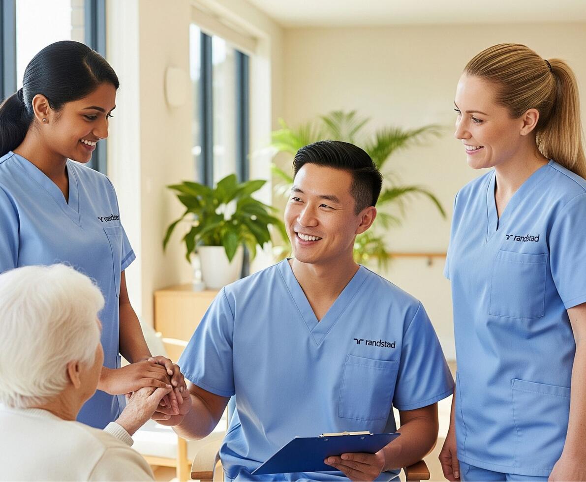 three smiling aged care nurses in an aged care facility with one of their residents