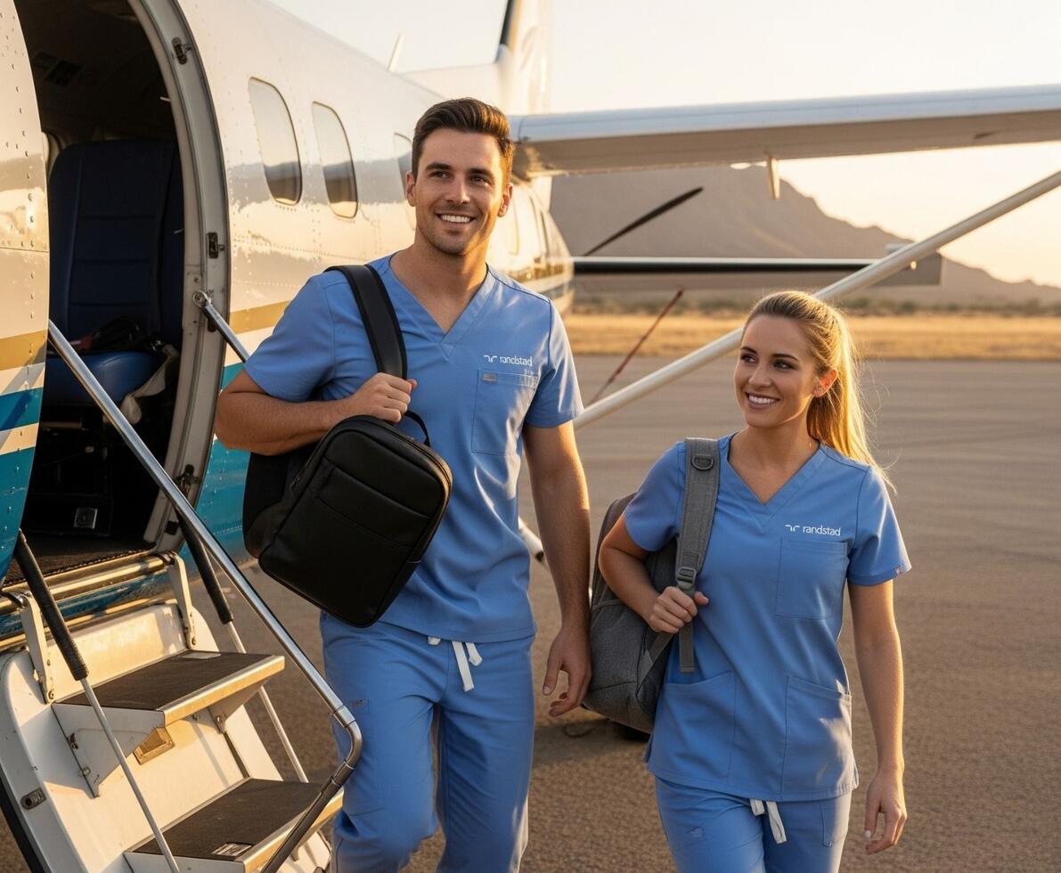 A male and female travel nurse exiting a small aircraft. They are both wearing scrub uniforms
