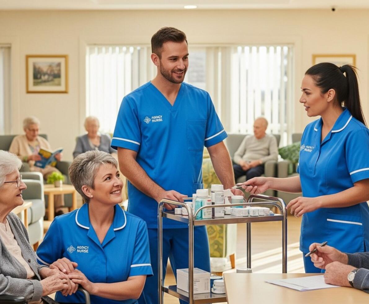 an image of nurses helping an elderly while smiling