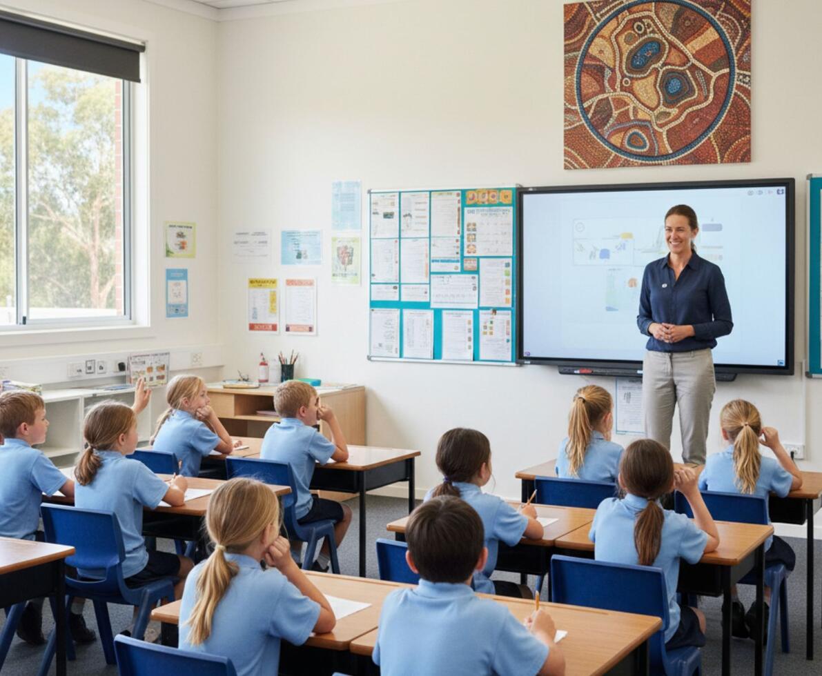 Teacher standing in front of her class in a classroom. There is a whiteboard behind her