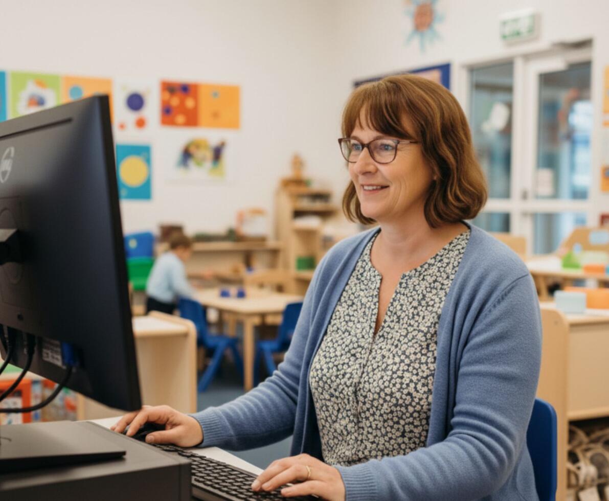 employee in an early childhood centre working on a computer at her desk