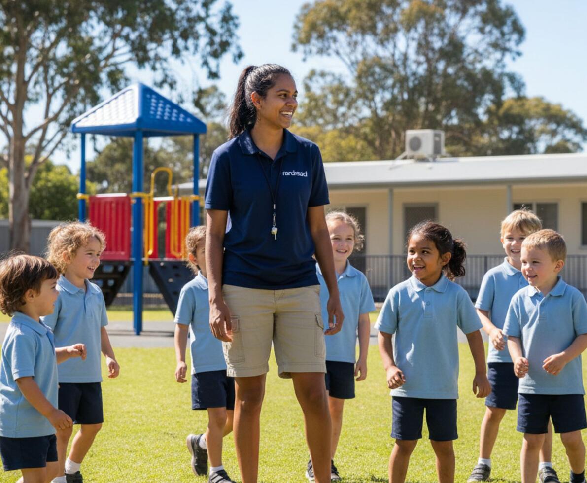 a female employee in an school yard with children around her