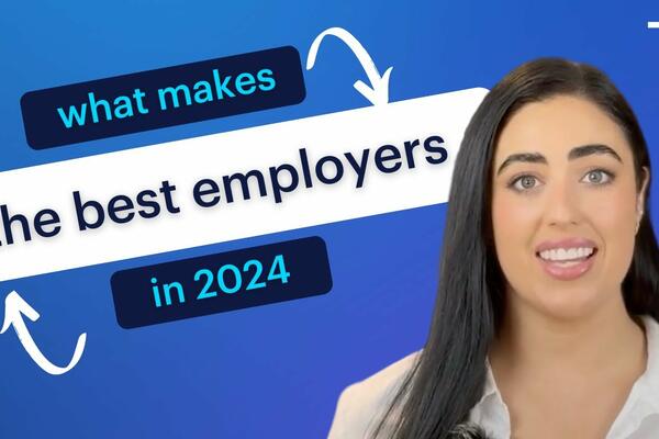 image of text "what makes the best employers in 2024" with a woman on the right smiling with black hair and a white shirt