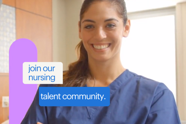 image of a nurse wearing scrubs smiling with the text join our nursing talent community on the image