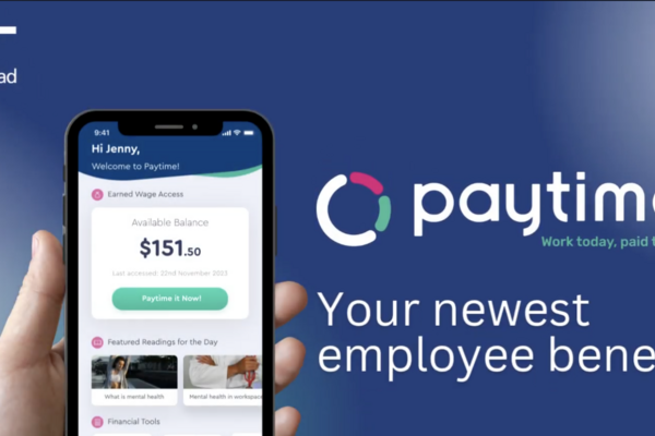 image of the paytime app homepage on a mobile phone in someone's hand