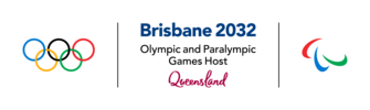 logo of olympics symbol, and brisbane 2032 stating olympics will be held in brisbane then. 