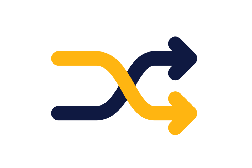 an illustration of navy blue and yellow overlapping arrows
