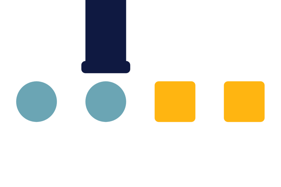 an illustration of an assemblyline made of circles, squares and a pipe