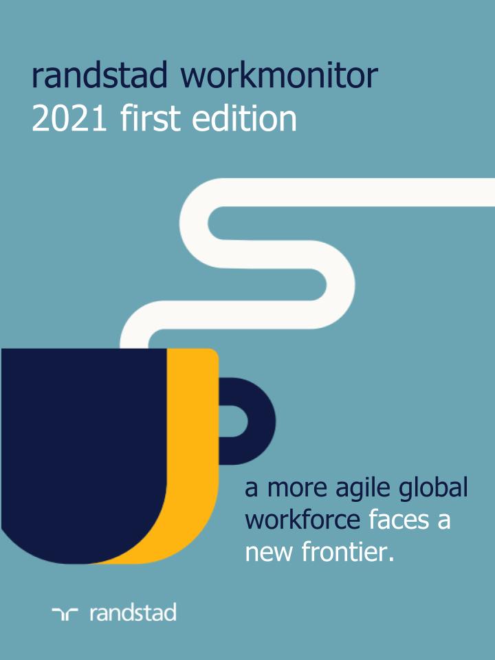 an illustration of a steaming hot cup with text saying randstad workmonitor 2021first edition, a more agile global workforce faces a new frontier