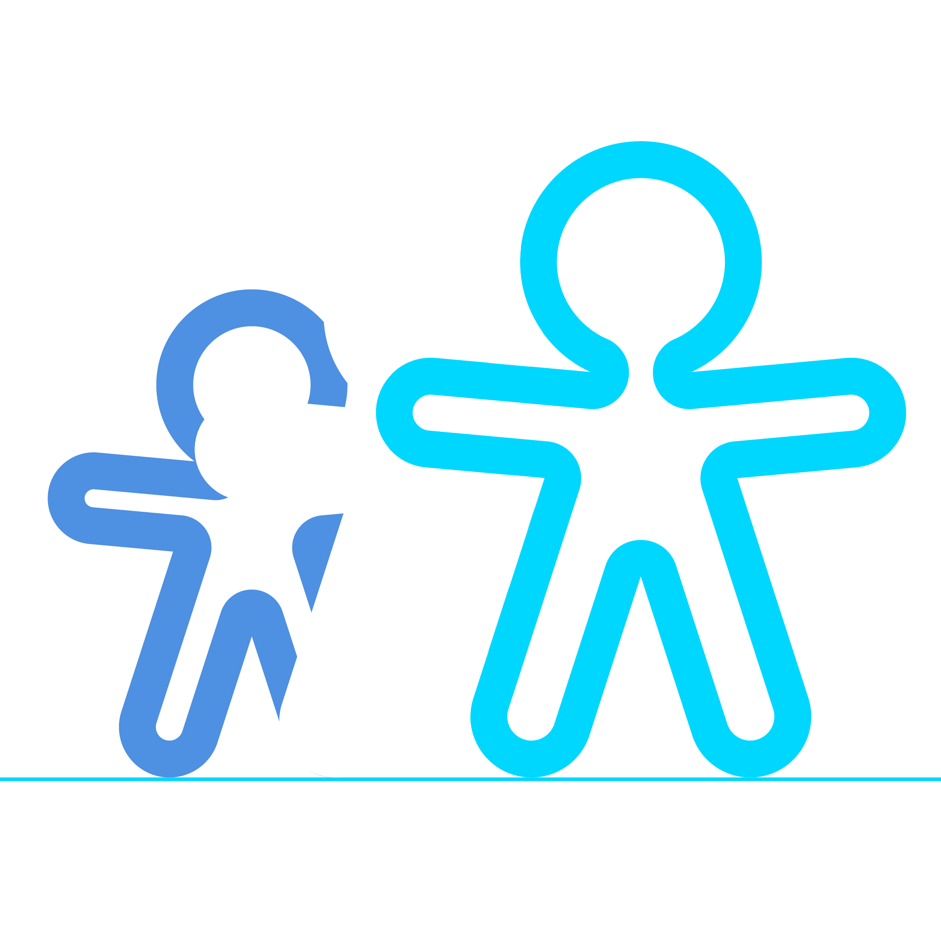 three people illustrated in blue, white & cyan standing in a line