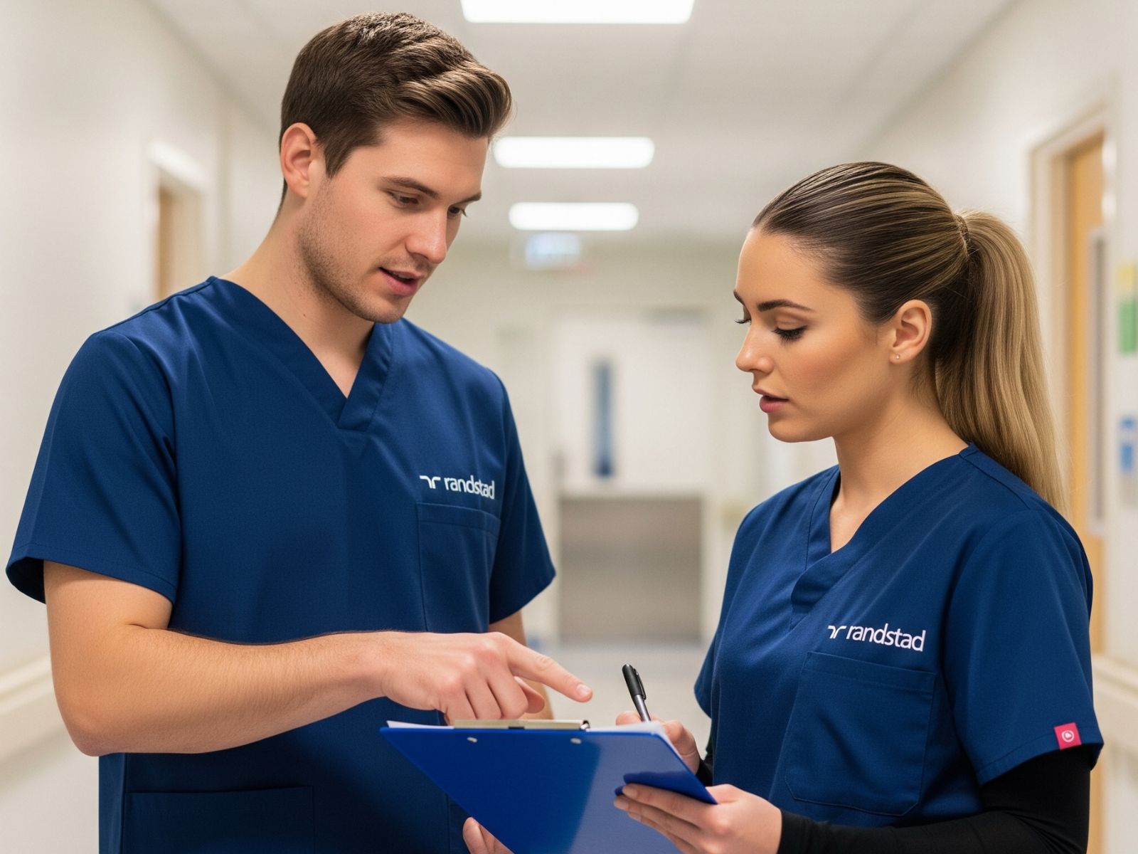 a male and female nurse in a hospital reviewing a patient chart