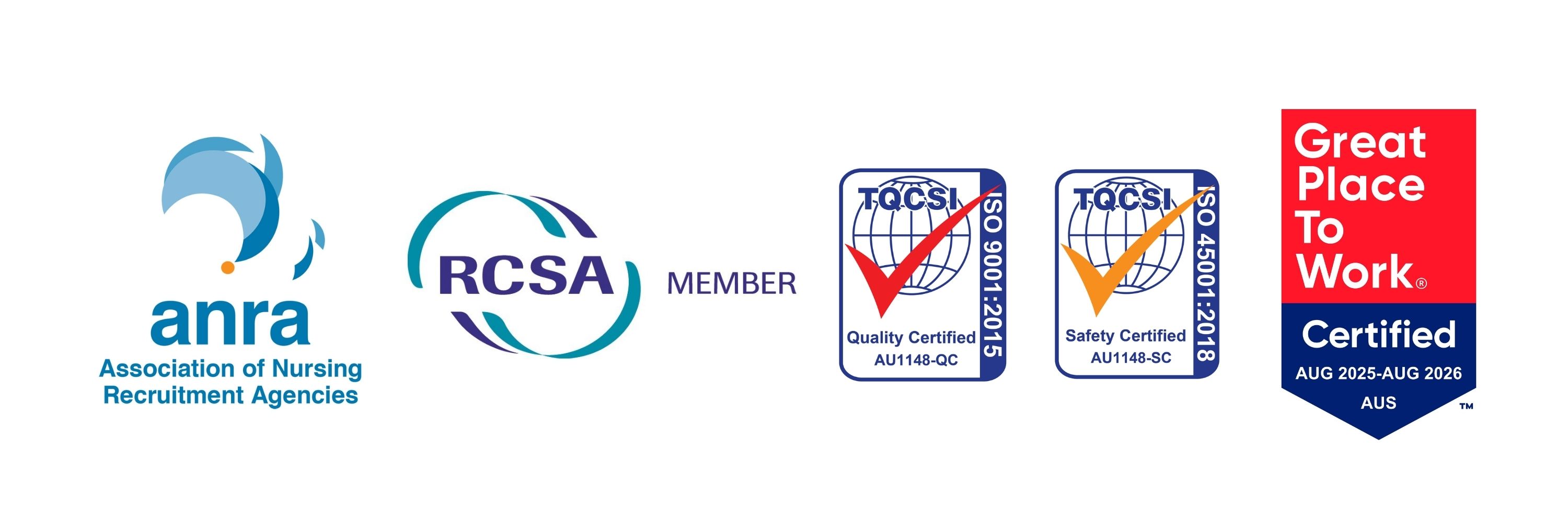 logos of ANRA, RCSA, ISO9001, ISO45001 and Great Place to Work