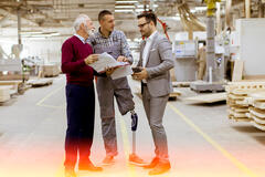 LHS is an image of three people (one with prosthetic leg and one holding papers/report) in a warehouse having a discussion and referring to the papers / report. There are wooden pallets in the background. RSH is a yellow background that says “more inclusive” with text under it.