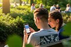 A young male and female sitting on a bench in a park, looking at a webpage on a mobile