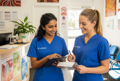 an image of two nurses talking to each other