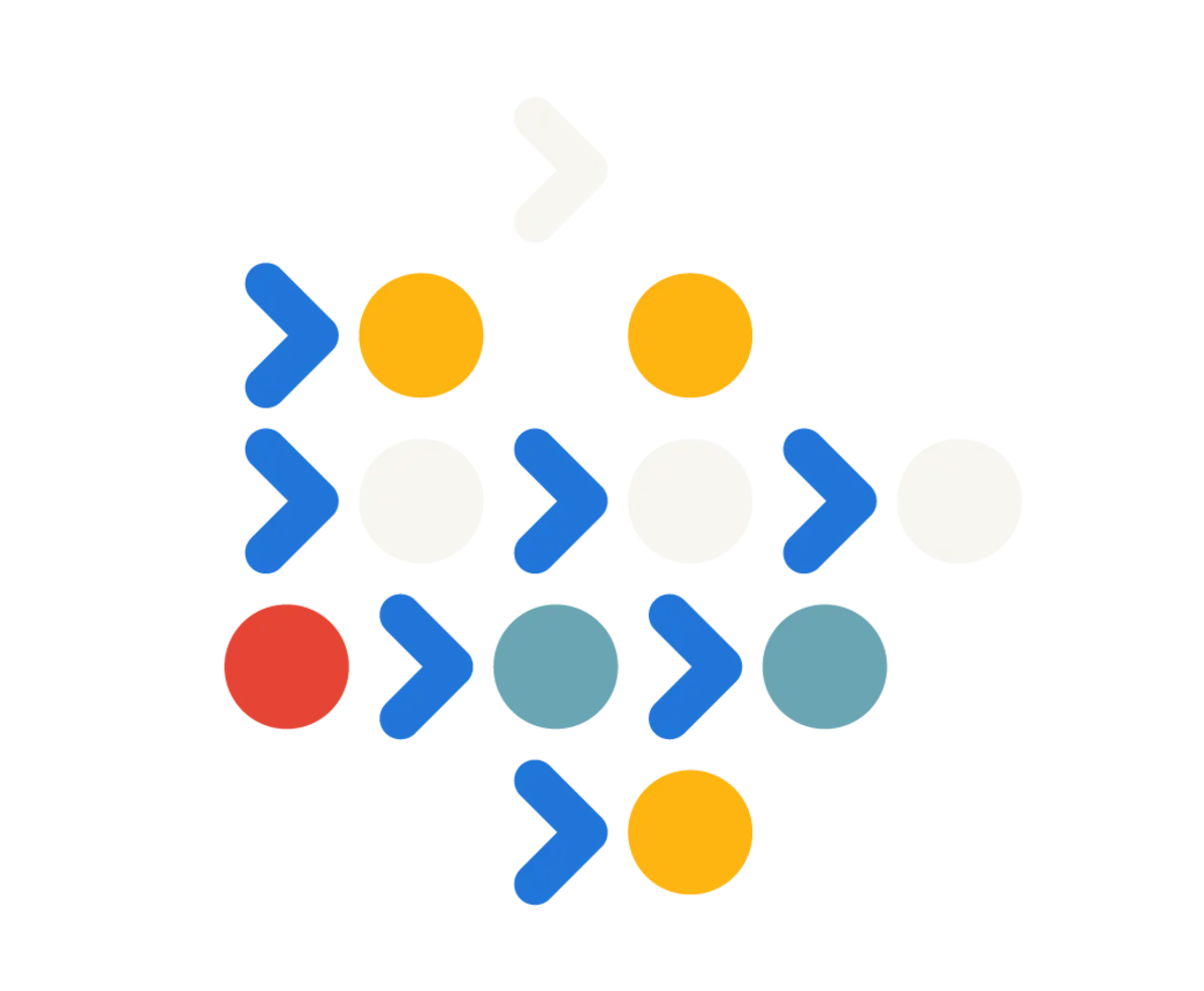 an illustration of blue, red, yellow, white and turquoise connecting dots and arrows