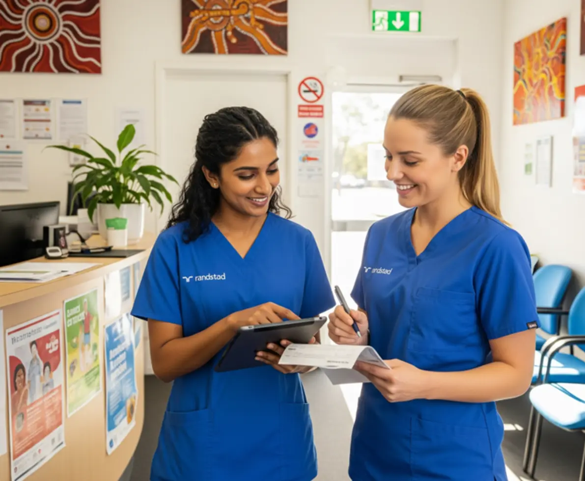 an image of two nurses talking to each other