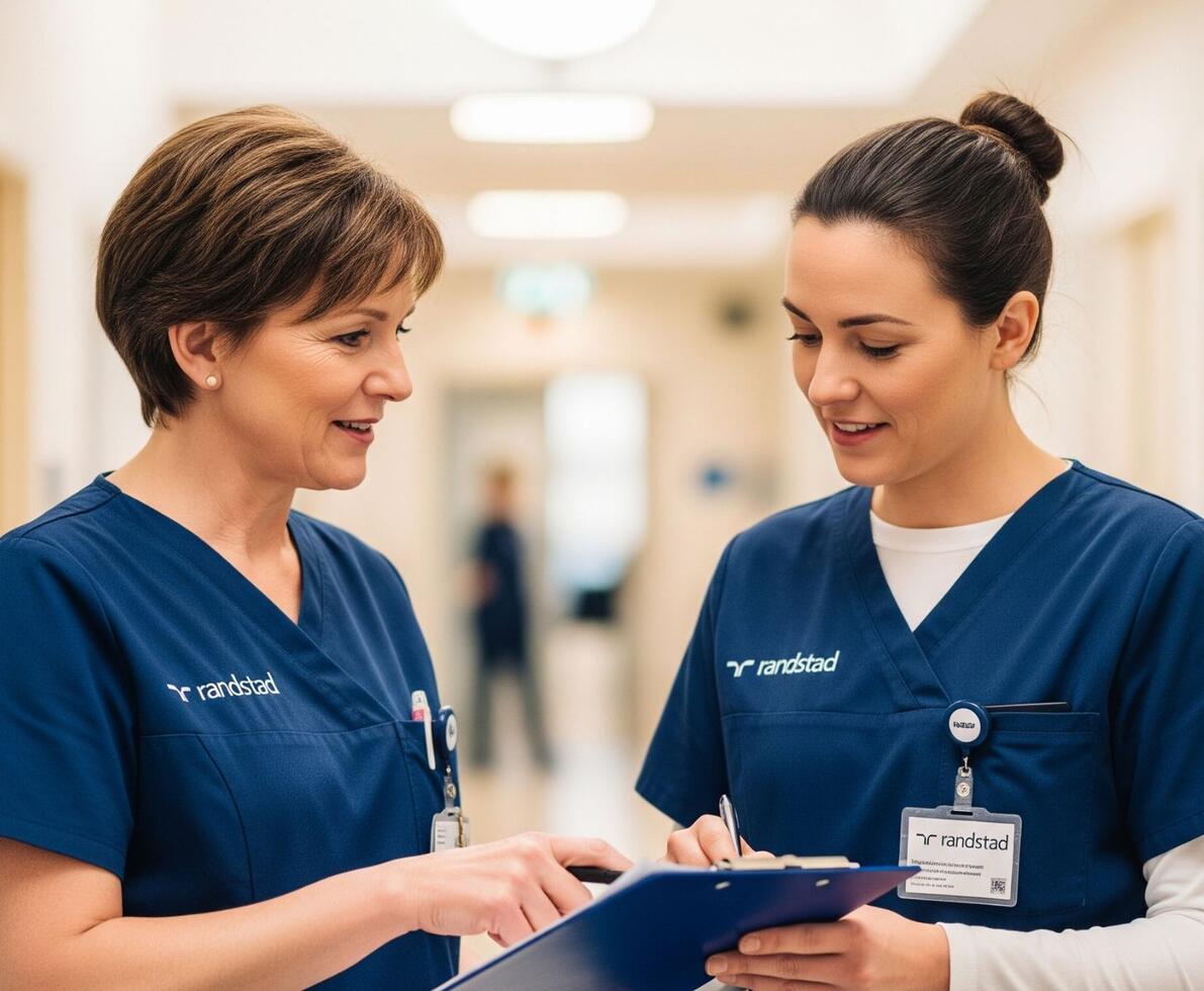 image of two nurses having a conversation in a hospital corridor. One is holding a clipboard and the other is pointing to something on the clipboard