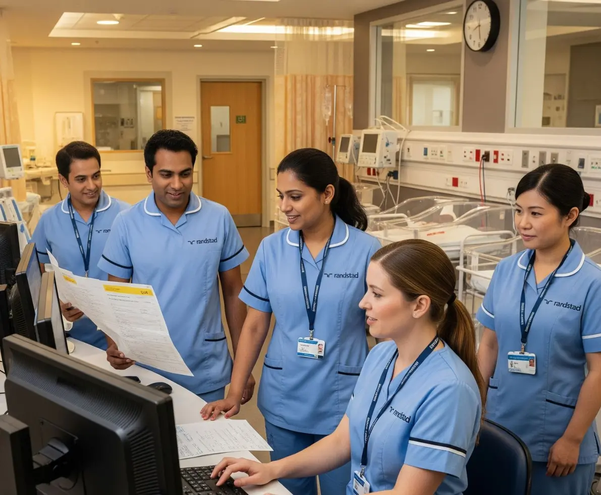 Group of nurses in Randstad uniforms in a hospital setting. They are looking at patient charts, some are seated and some are standing