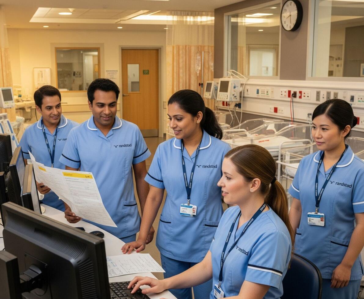 Group of nurses in Randstad uniforms in a hospital setting. They are looking at patient charts, some are seated and some are standing