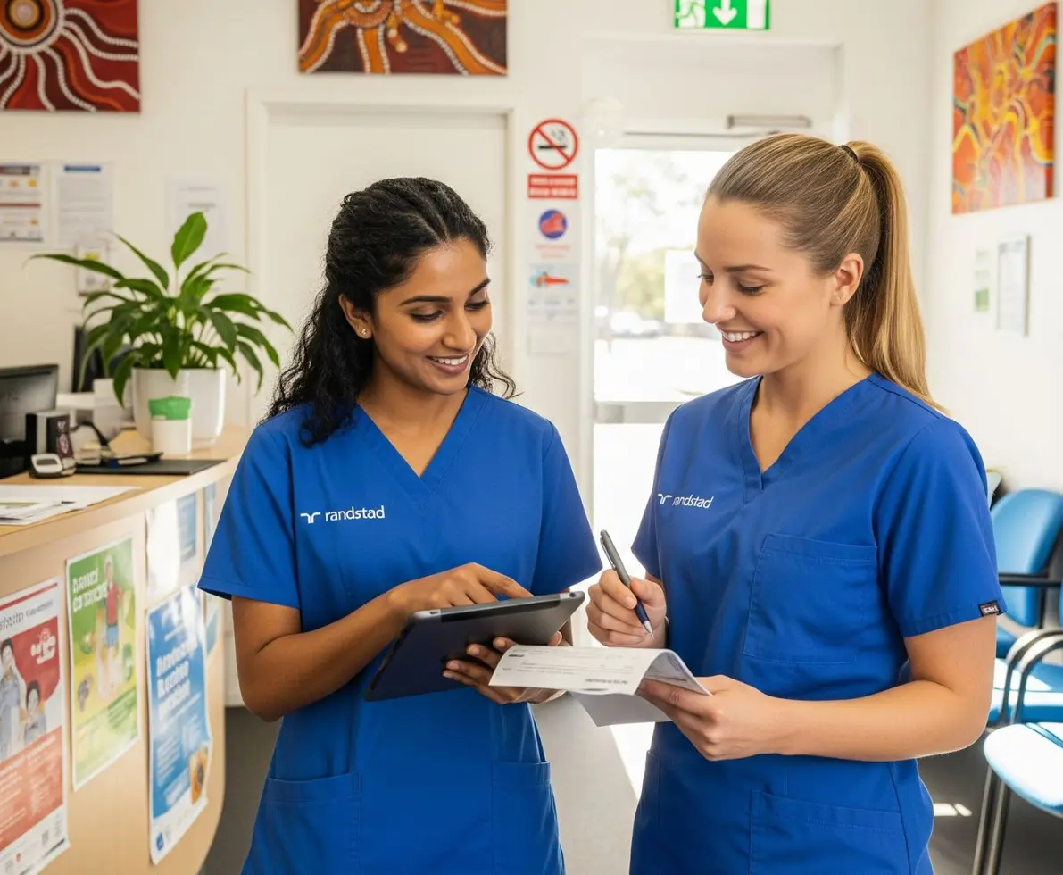 two smiling healthcare professionals wearing scrubs in a reception waiting area. One is looking at an ipad and the other has a pen and papers in her hands.