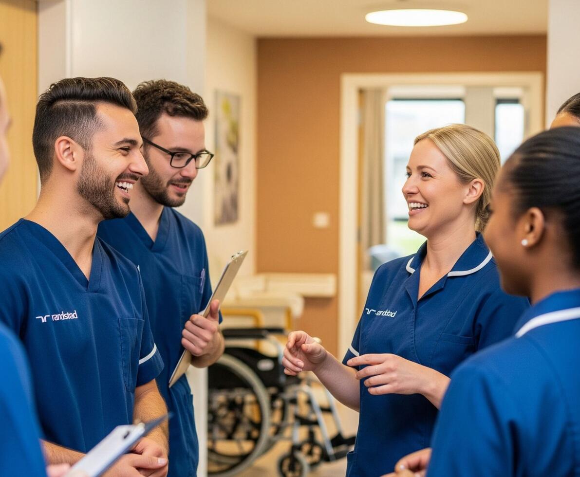 a group of nurses male and female smiling and having a conversation together. There is a wheelchair in the background and the nurses are wearing scrubs