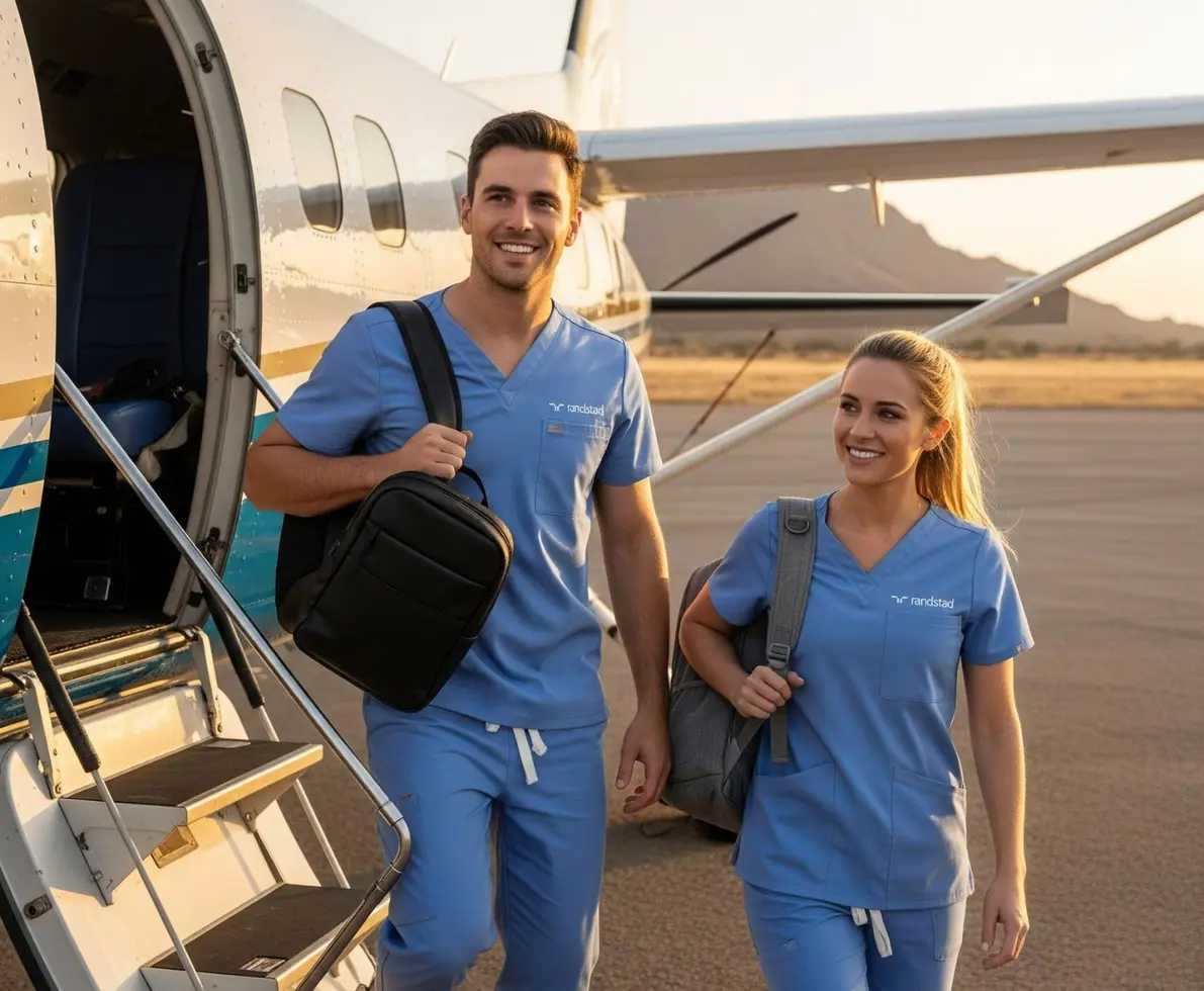 A male and female travel nurse exiting a small aircraft. They are both wearing scrub uniforms
