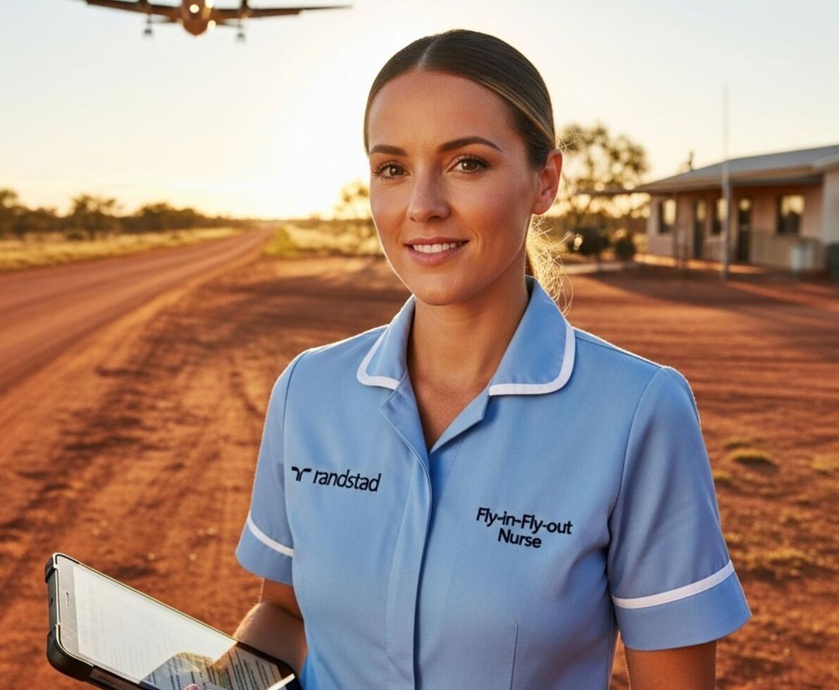 image of a travel nurse in scrubs in a remote area with a rural roadway behind her