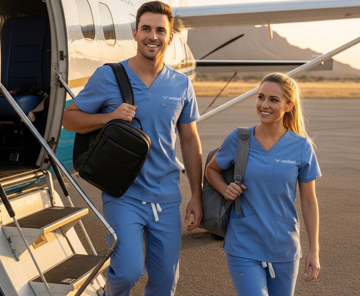 two travel nurses wearing scrubs exiting a small plane in a rural location