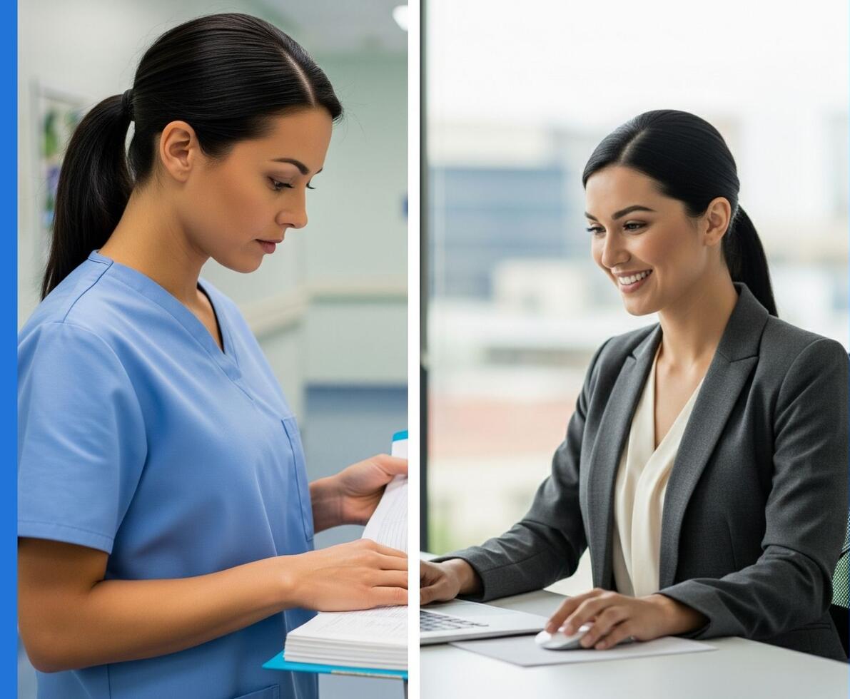 a split screen image of a woman working as a nurse in a hospital with the same woman working in an office environment in the second image