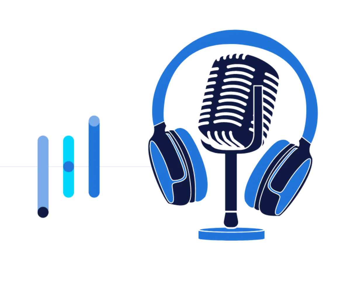 illustration of a podcast microphone and headphones in shades of blue