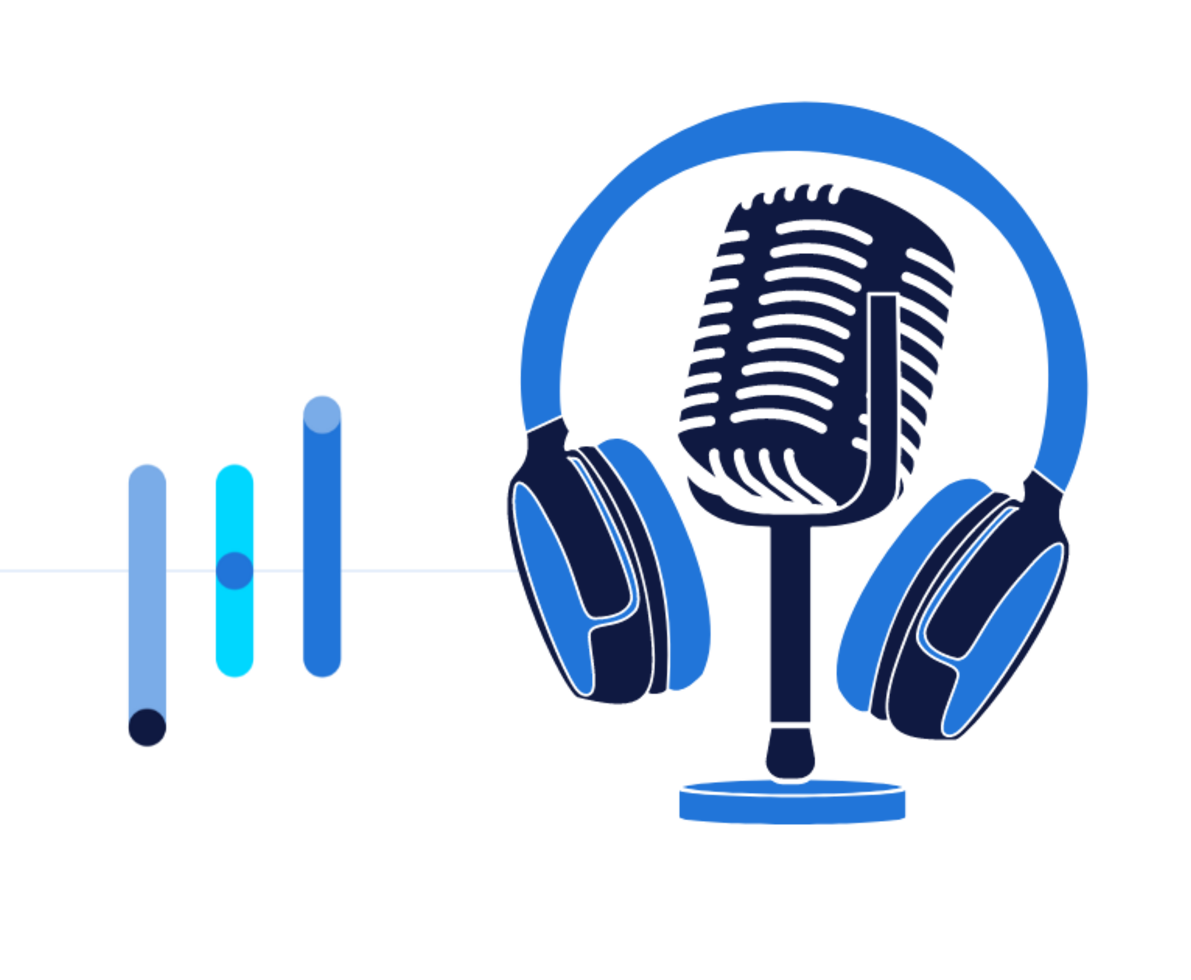 illustration of a podcast microphone and headphones in shades of blue
