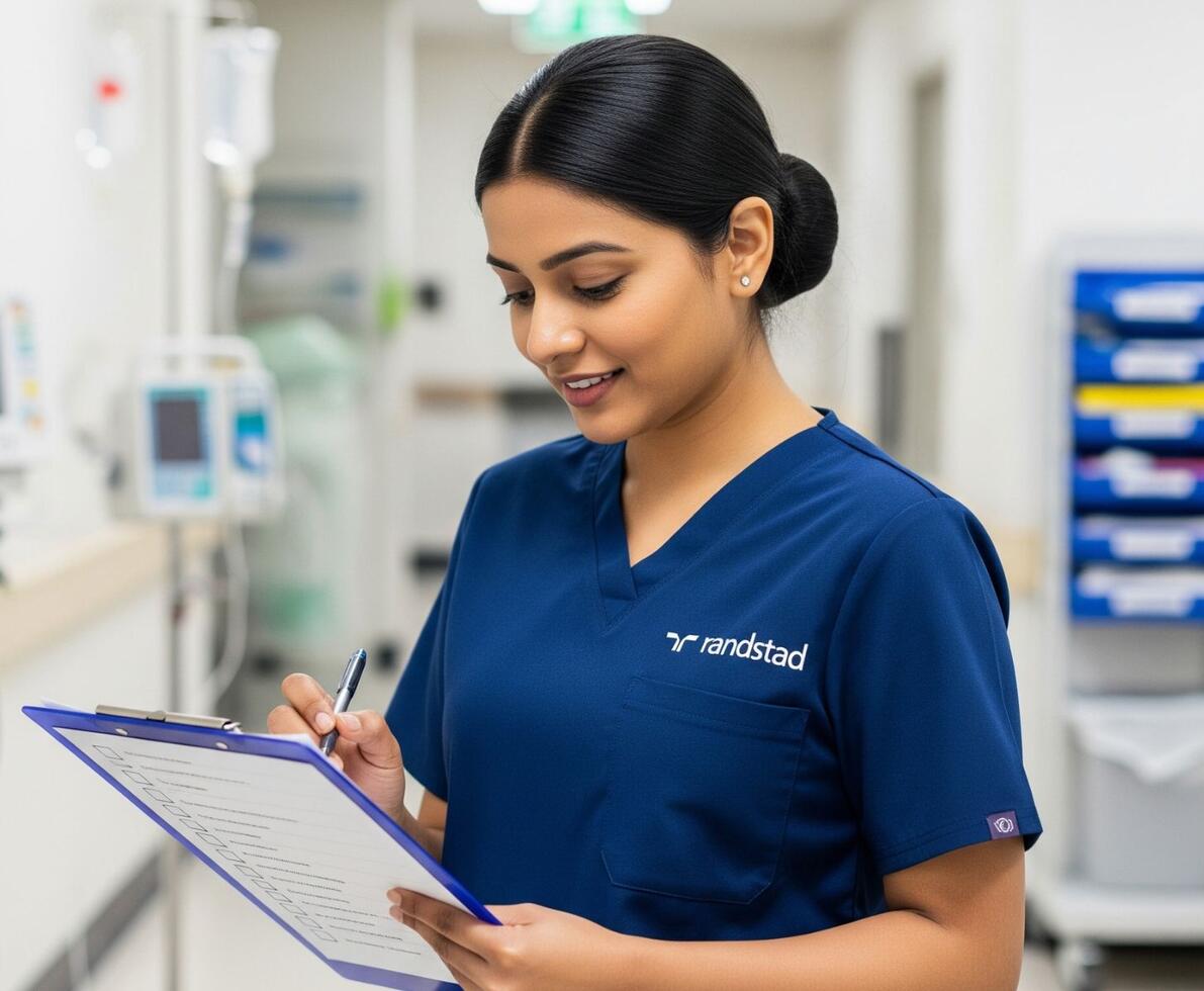 a nurse working in a hospital writing on a piece of paper attached to a clipboard