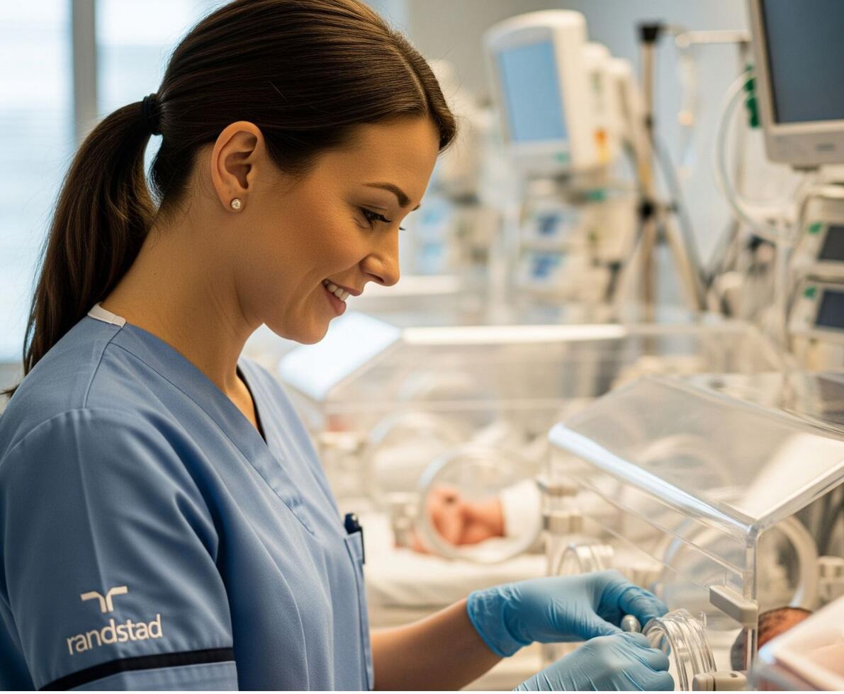 Neonatal NICU nurse smiling in a NICU ward. She is taking care of a patient in an incubator