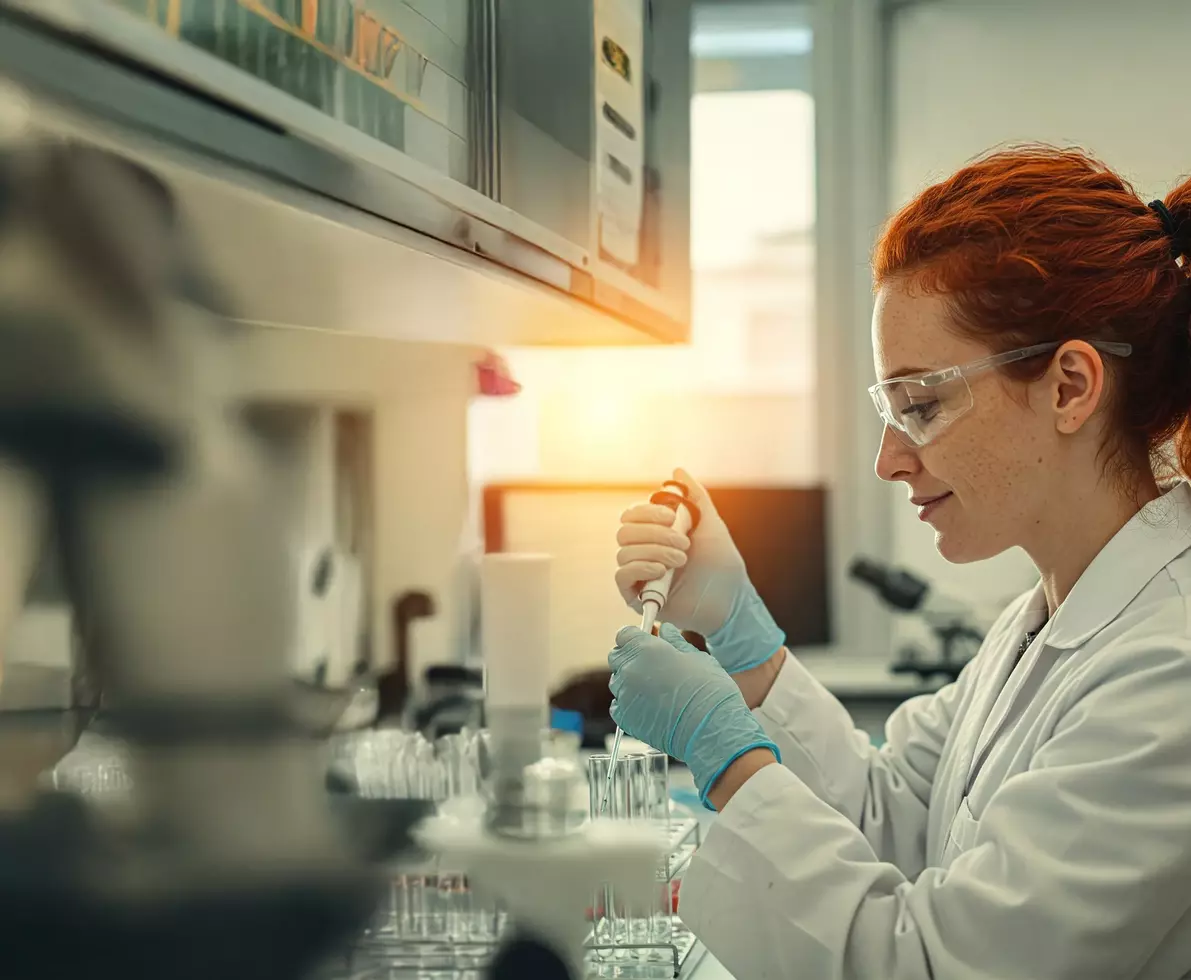 an image of a woman with red hair standing in a lab focusing on the pipette and test tube in her hands