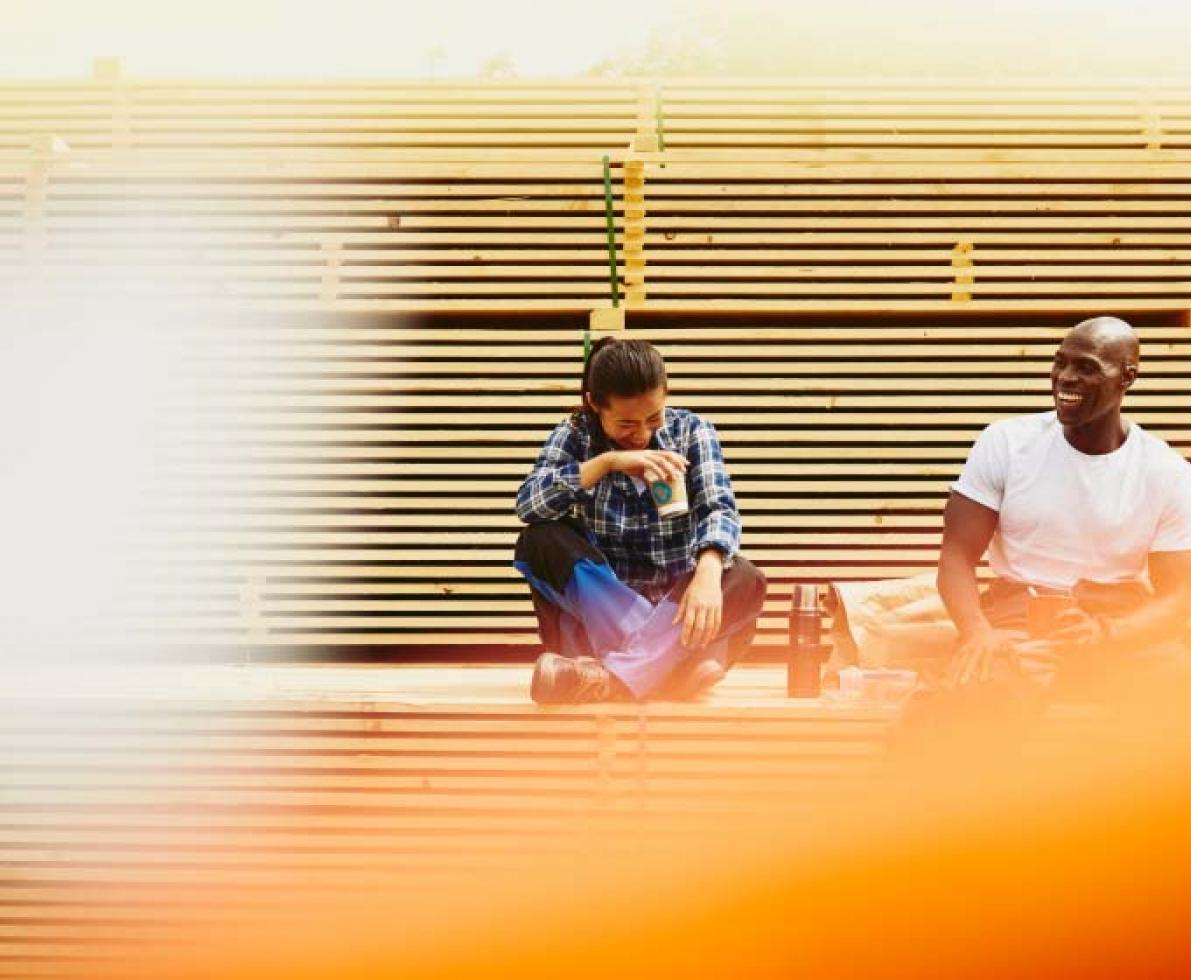 A photo of a man and woman conversing